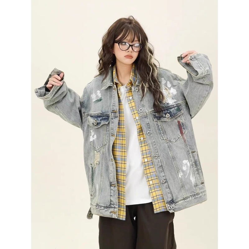 American Tie-Dye Ripped Denim Jacket Boys Autumn New Loose BF High Street College Style Couple Jacket