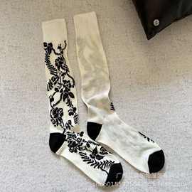 早秋时尚百搭复古花卉中筒袜薄款堆堆小腿及膝休闲少女袜子