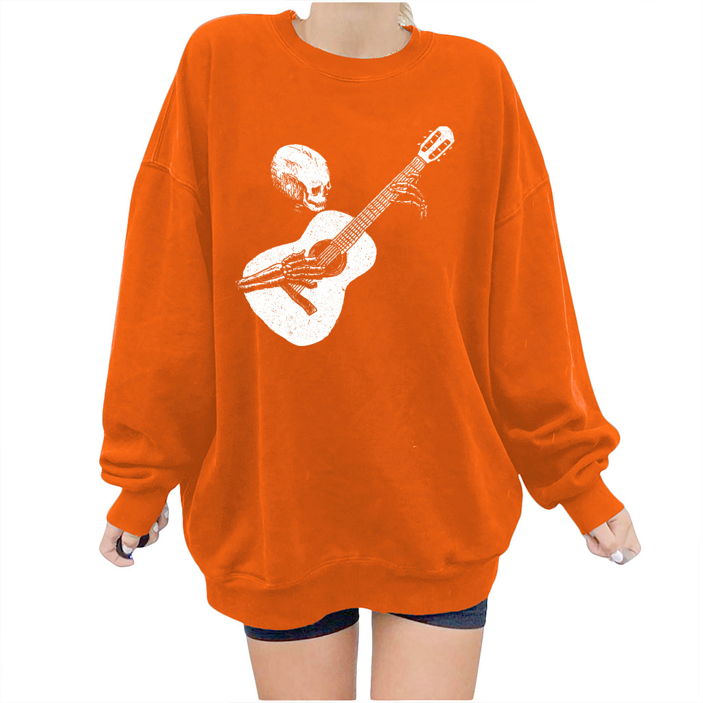  women s round neck dropped shoulder skull guitar printing  sweatershirt nihaostyles wholesale costumes  NSYUM79726