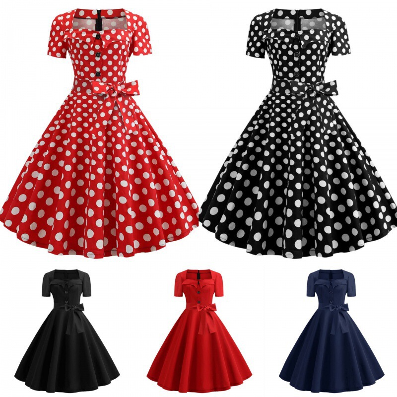2023 Amazon Cross-Border Best-Selling Polka Dot Button Square Collar French Style Waist-Cinching Short-Sleeved Dress