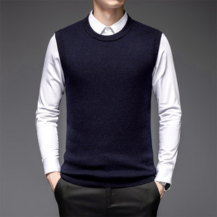 Wool Vest Men's Warm Thickened Solid Color Stacked Outer Wear Spring New Korean Style Knitted Round Neck Inner Vest