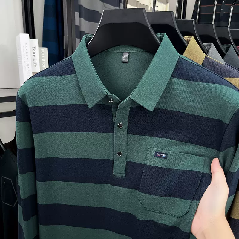 春秋新款中年男士条纹POLO衫休闲时尚宽松长袖POLO上衣打底衫代发