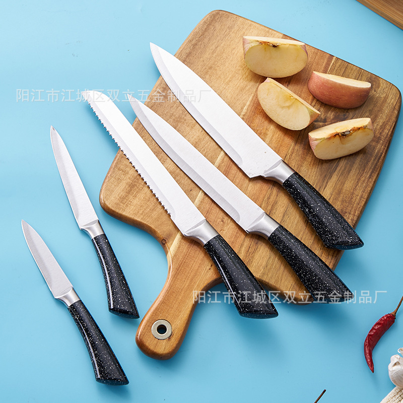 Fábrica en stock cuchillos de seis piezas de acero inoxidable manejar cuchillos de cocina con almacenamiento cuchillo titular cuchillos traje al por mayor