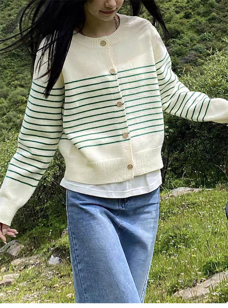 Cardigan de punto a rayas francesas para mujeres a principios de otoño pequeño plegado para usar suéter de manga larga de cuello redondo chaqueta superior image 7