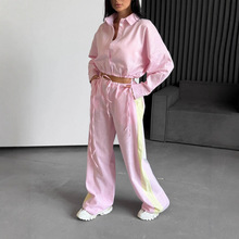 2025衬衫长裤套装欧美春夏宽松长袖衬衫休闲套装女拼色长衣长裤