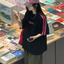 美式复古三条杠圆领短袖T恤女大童宽松初中学生棉半袖上衣