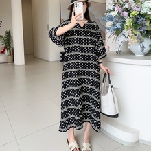 夏新品冰丝平纹设计感几何水墨印花垂坠丝滑V领五分袖时尚连衣裙