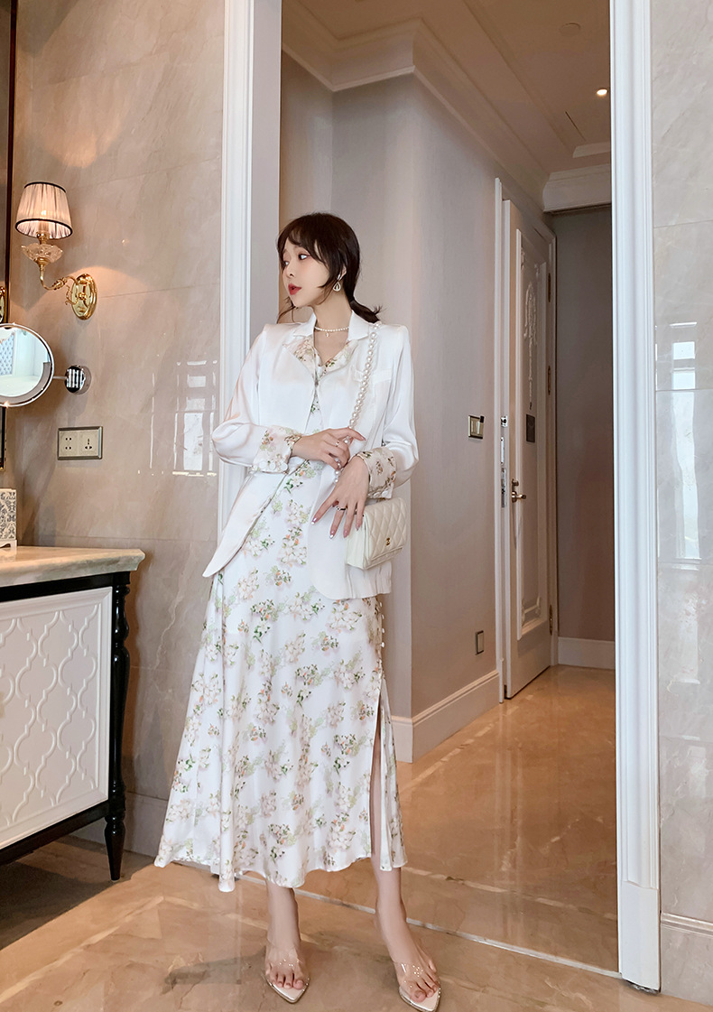 Set công sở nữ áo vest hai mảnh kèm đầm satin dây mảnh — Màu trắng chi tiết 17