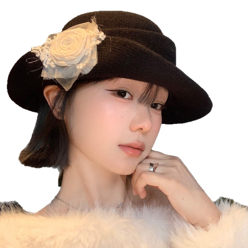 赫本风花朵蕾丝优雅礼帽女千金风大头围显脸小高级感气质渔夫帽子|undefined