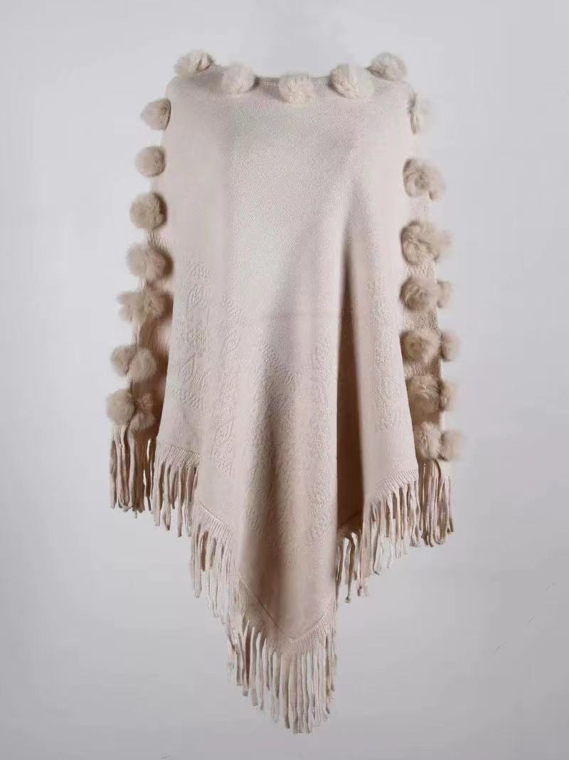 Cape à pompon en poils de lapin pour femme, pull à col rond_voghion.com