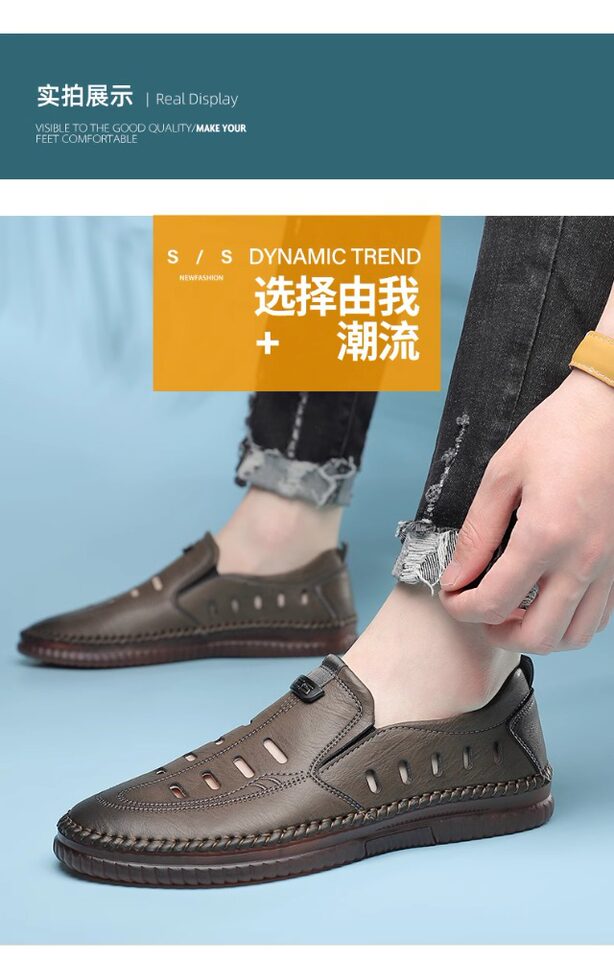 Giày sandal nam da lười khoét lỗ đế bằng chống trượt thoáng khí — Màu kaki, màu đen chi tiết 14