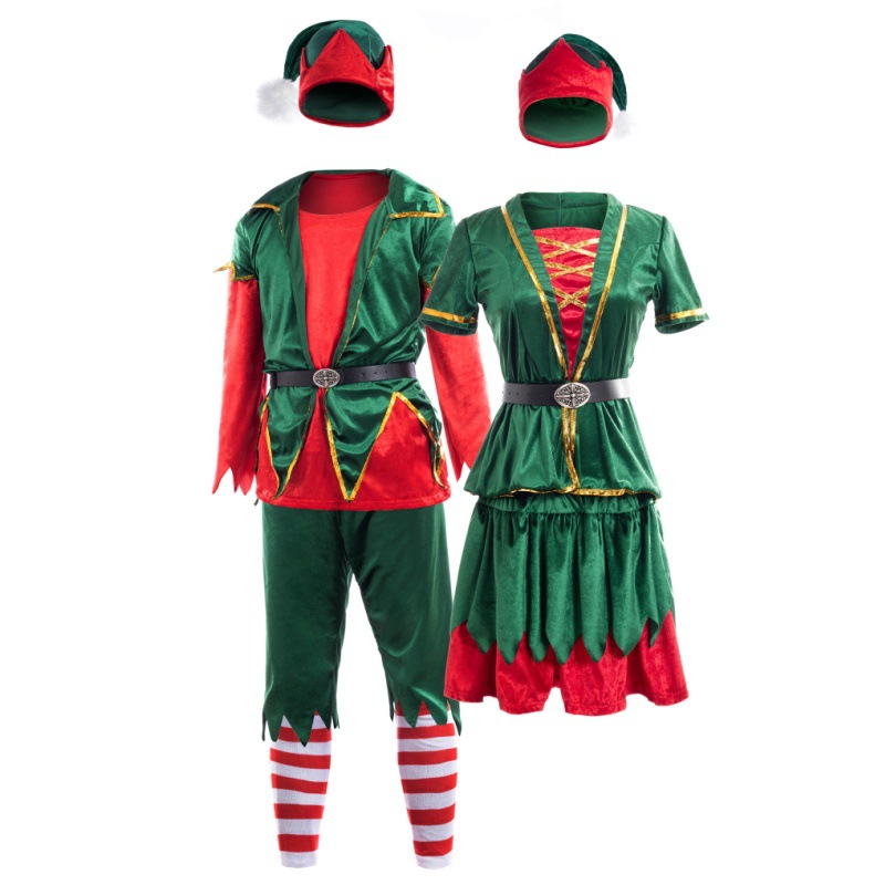 2023年跨境爆款圣诞节服装绿色圣诞裙男女成人情侣款舞台表演服装