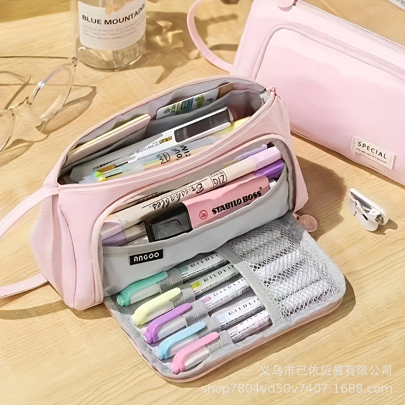 Bolsa de bolígrafo de gran capacidad para estudiantes de primaria simple serie de macarón bolsas de bolígrafo de separación multicapa multifuncional caja de papelería de alto valor facial