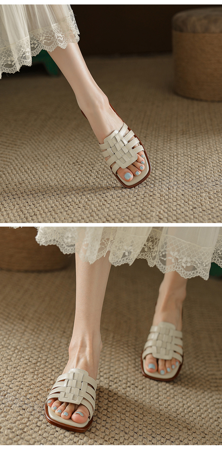 Dép sandal nữ xỏ ngón bện da bò lớp đầu đế bệt — Màu nâu chi tiết 10