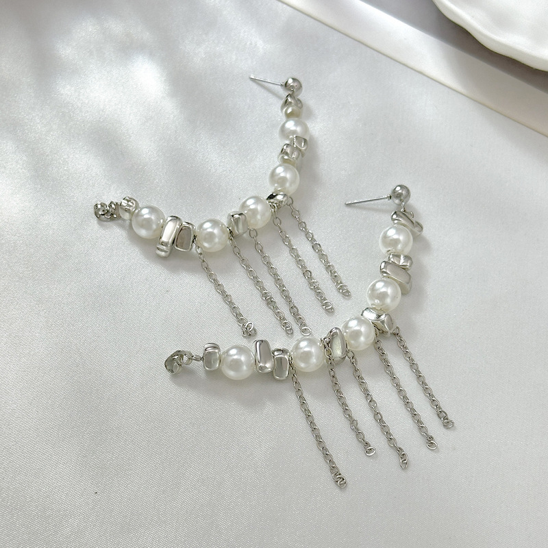 欧美跨境简约ins不规则串珠仿珍珠耳环 时尚流苏链条耳饰Earrings|undefined
