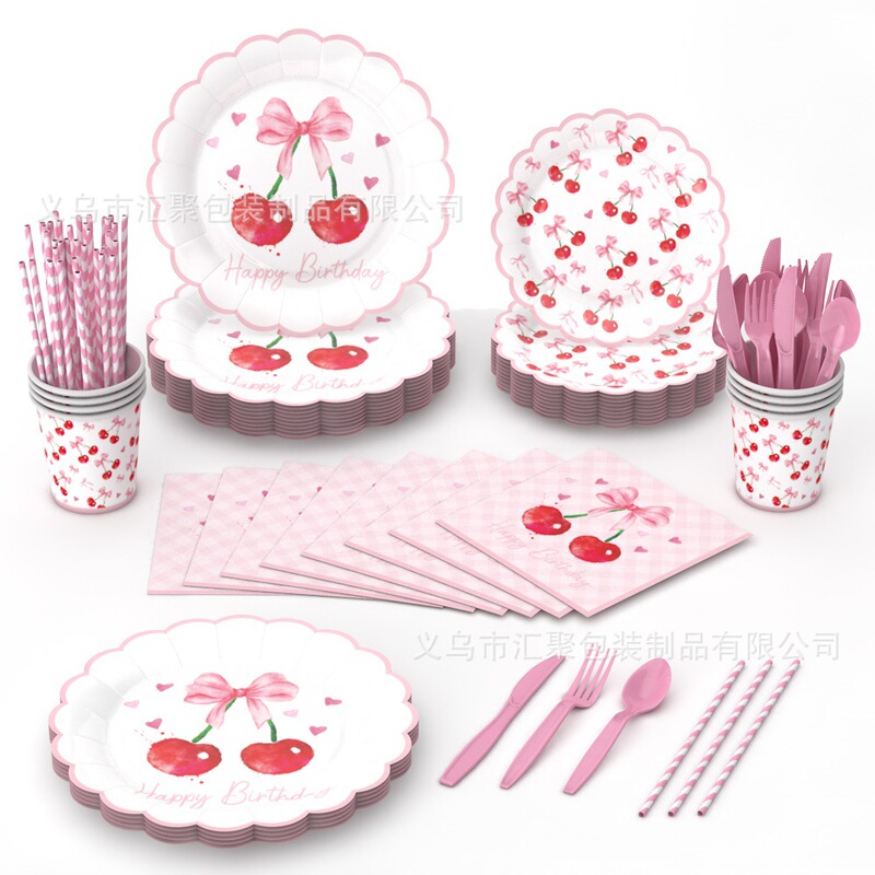 Cross Border in stock Cherry Bow Theme Party Birthday Party Decoration Supplies Disposable Tableware Paper Tray suit