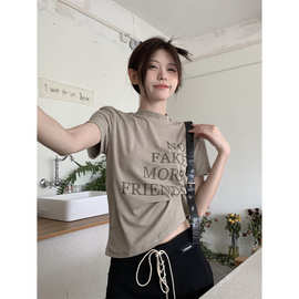 韩国！简约百搭字母印花短袖T恤小高领弹力显瘦上衣女