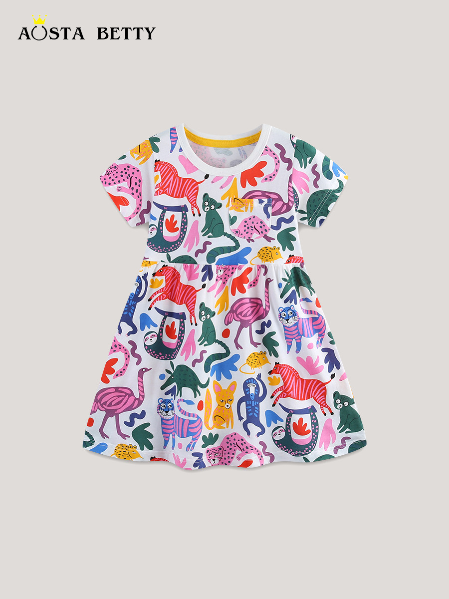 Verano nuevo vestido de niña dibujos animados impresión animal vestido de mangas cortas vestido de niños de estilo europeo y americano comercio exterior