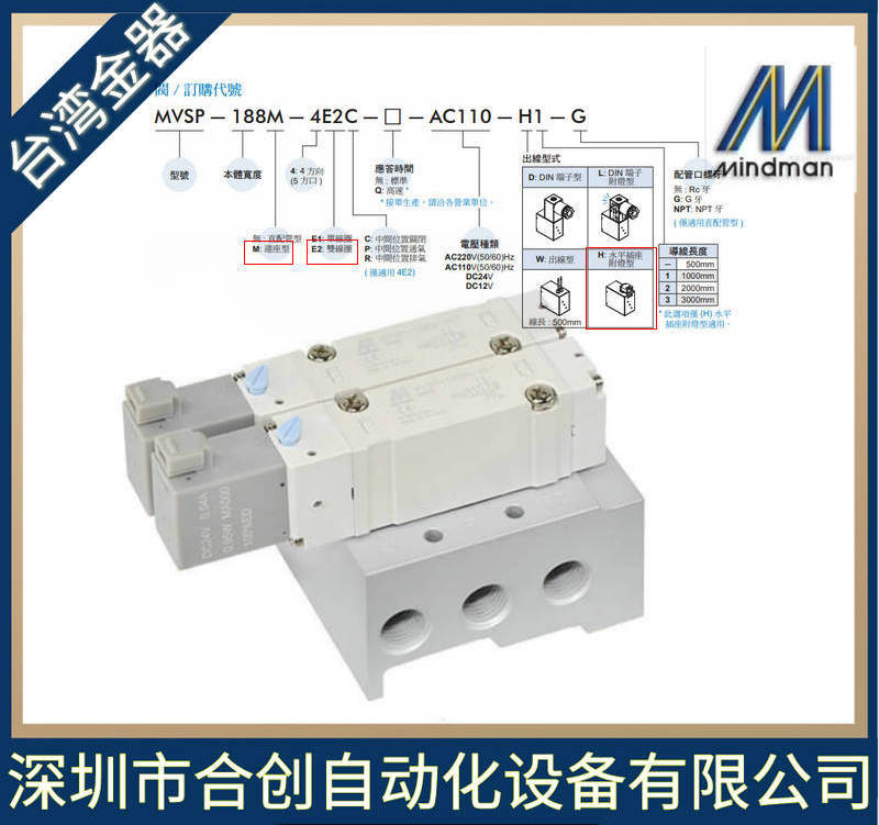 MVSP-188M-4E1-DC24-H AC220方向控制阀 电磁阀 台湾金器 MINDMAN