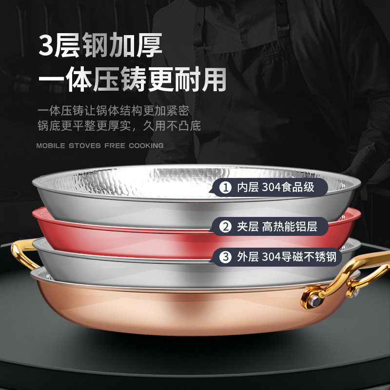 Doble oreja de acero inoxidable español mariscos arroz olla occidental restaurante comida plato pasta frito pollo merienda placa plana sartén