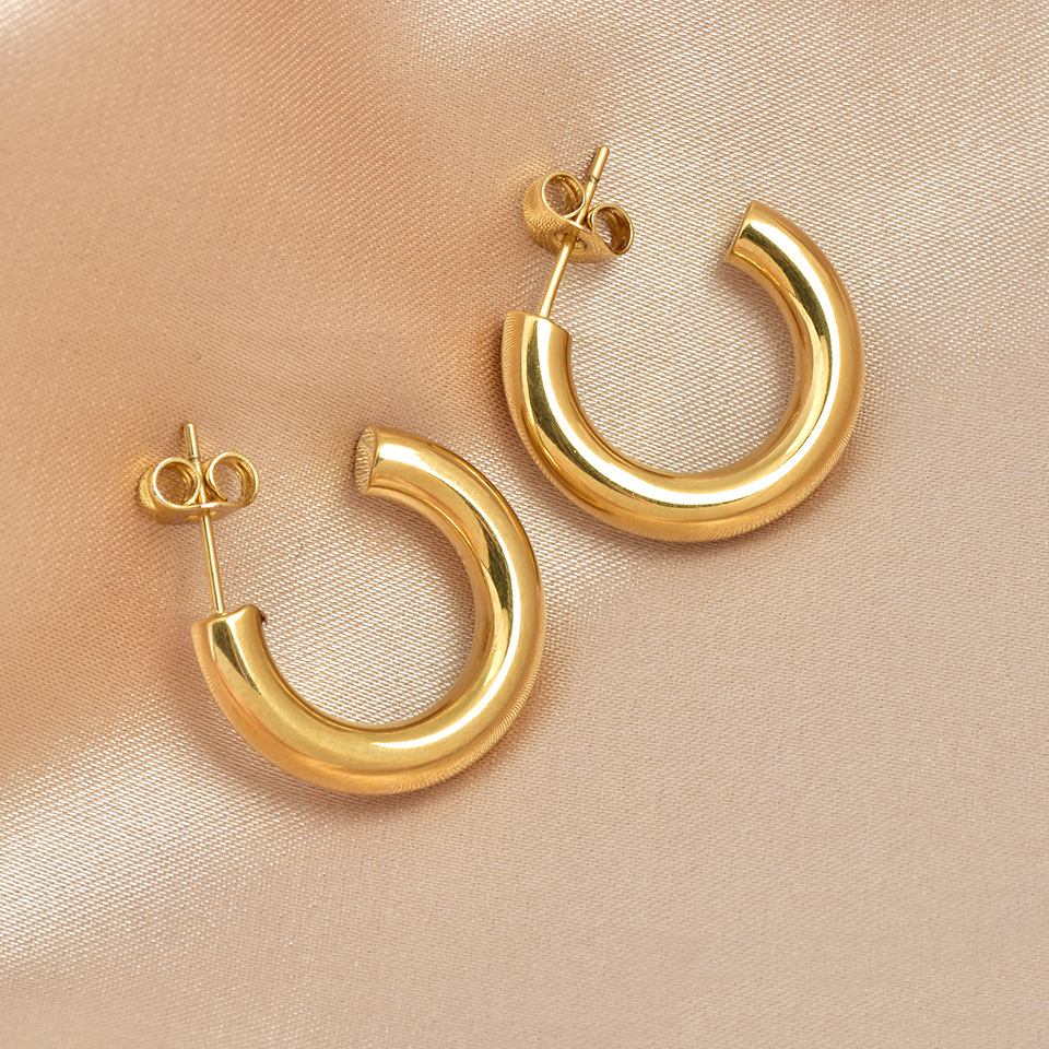 PVD Coated Gold Plating Process 304 Stainless Steel Ear Needle Material PVD Coated 18K Gold Plated Real Gold Plated C Shape Titanium Steel Simple Style Waterproof Non Tarnish Ear Studs