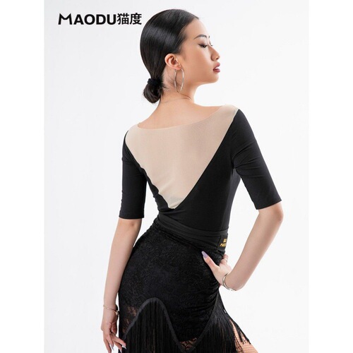 Cha Cha Latin dance top long-sleeved V-neck female adult new practice clothes dance training clothes dance mesh splicing