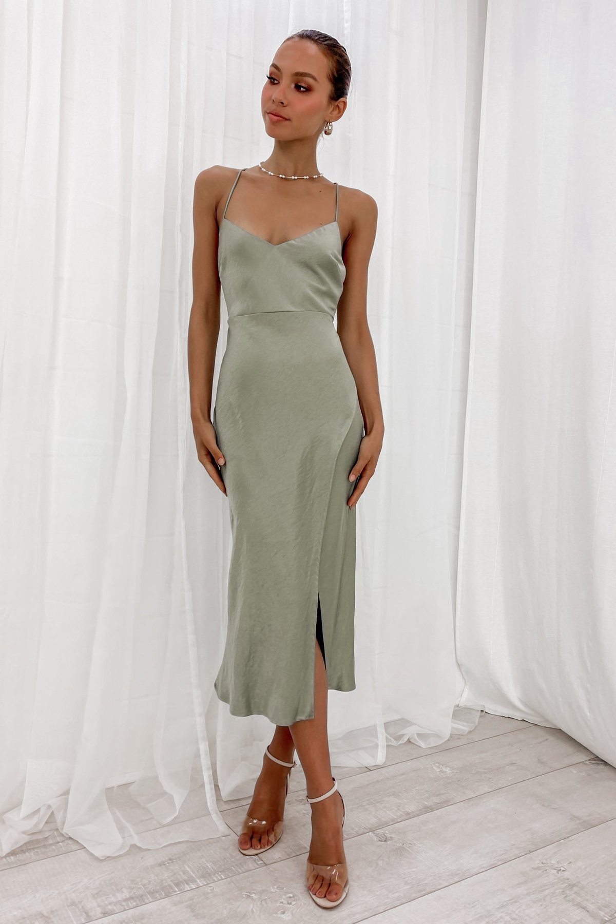 solid color backless low-cut slit sling mid-length dress NSCXY121963