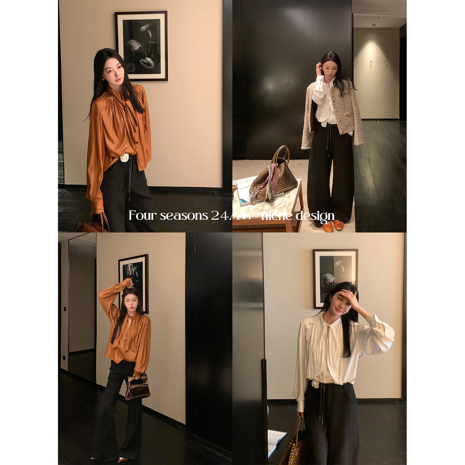 지구 OUYANG 11 | 22 20 시 [차가운 프랑스 작은 연민] 새틴 리본 셔츠 V-NECK 주름 셔츠
