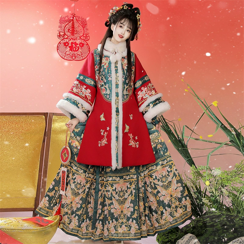 Hanyu Kui_Songdie Ming династия ханфу женщины 2025 новый оригинал зимняя тяжелая пряная длинная накидка лошадиного лица юбка древний костюм