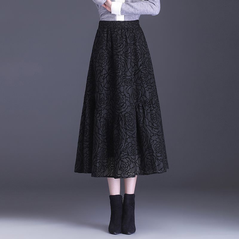 植绒纱裙女长裙到脚踝半身裙中老年高腰大码a字网纱鱼尾大摆裙冬