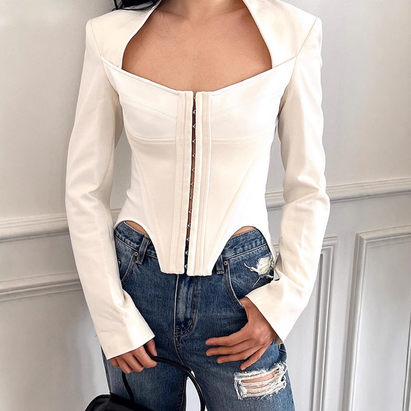 European Street Fashion Tops for Women 2026 Spring New Square-Neck Fishbone Corset Patchwork Blazer Women's Clothing