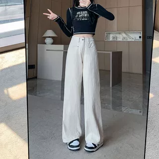 厂家现货米杏色工装牛仔裤女新款高腰宽松垂感直筒阔腿休闲裤子潮