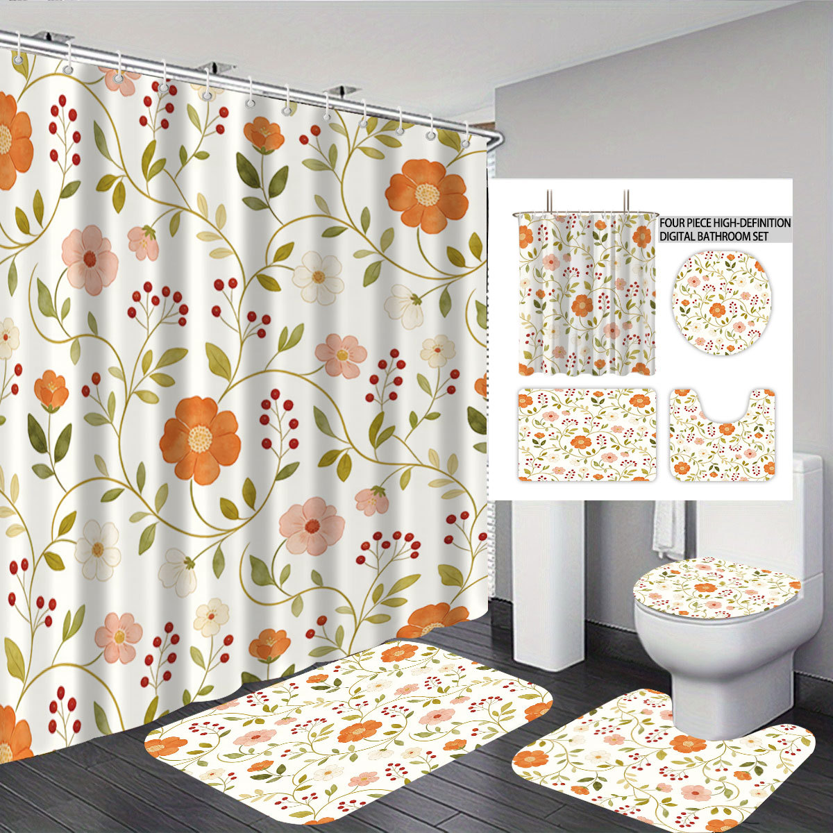 Cortina de baño de cuatro piezas de poliéster impresión digital 3D mariposa sin perforación separación seca y húmeda cortina de baño impermeable image 8