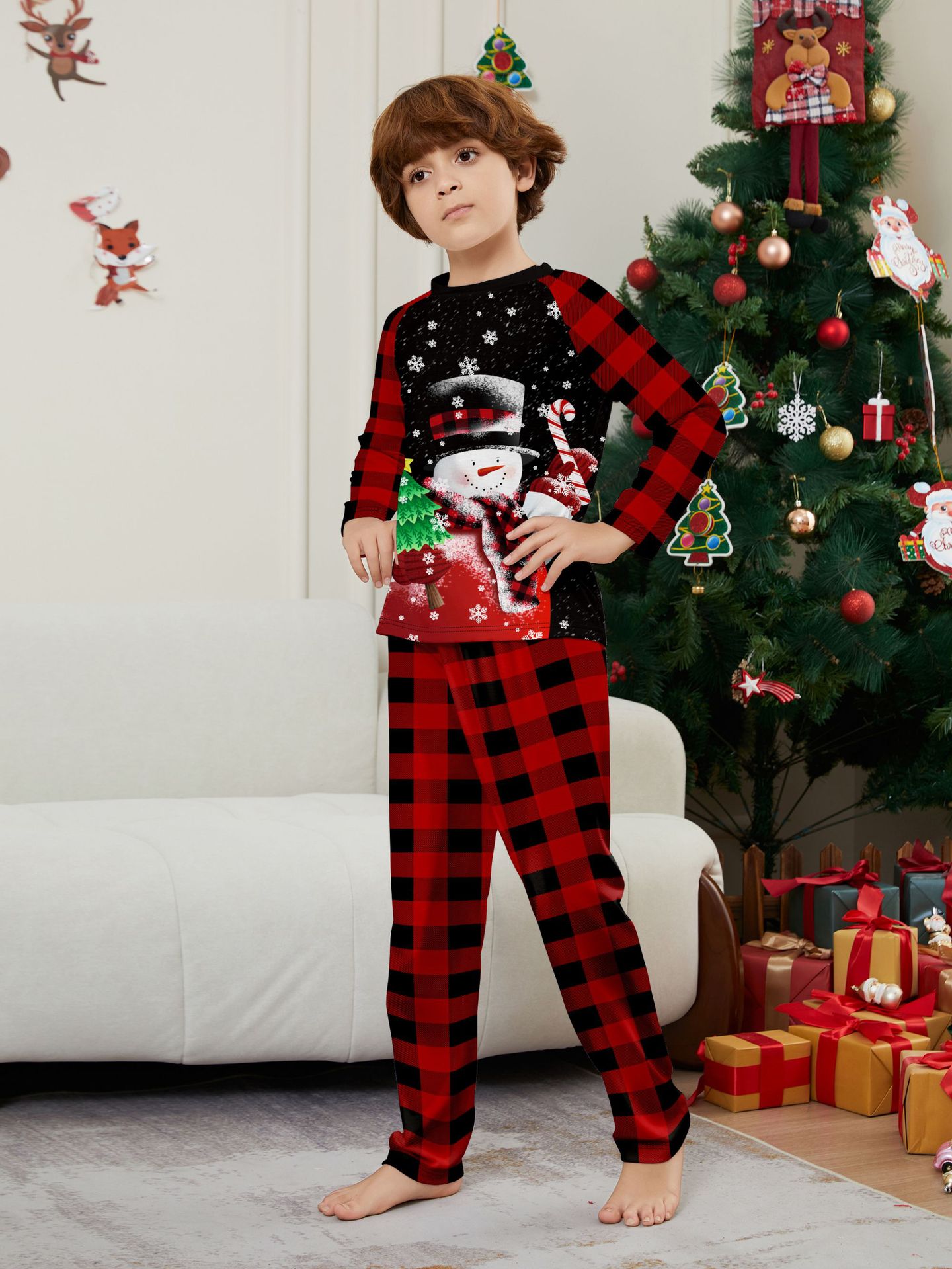 Christmas snowman candy cane snowflake Christmas family suit printed homewear sleep_voghion.com