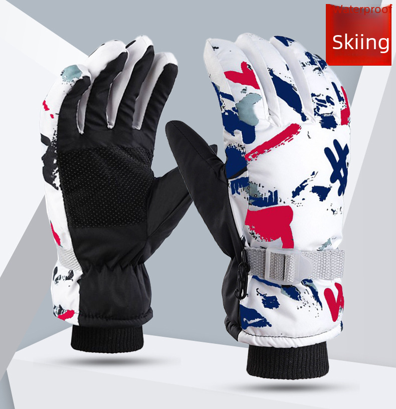 Winter Men's and Women's Cold-proof Fleece-lined Thickened Cotton Waterproof Non-slip Warm Riding Outdoor White Graffiti Ski Gloves_maomaolike.com