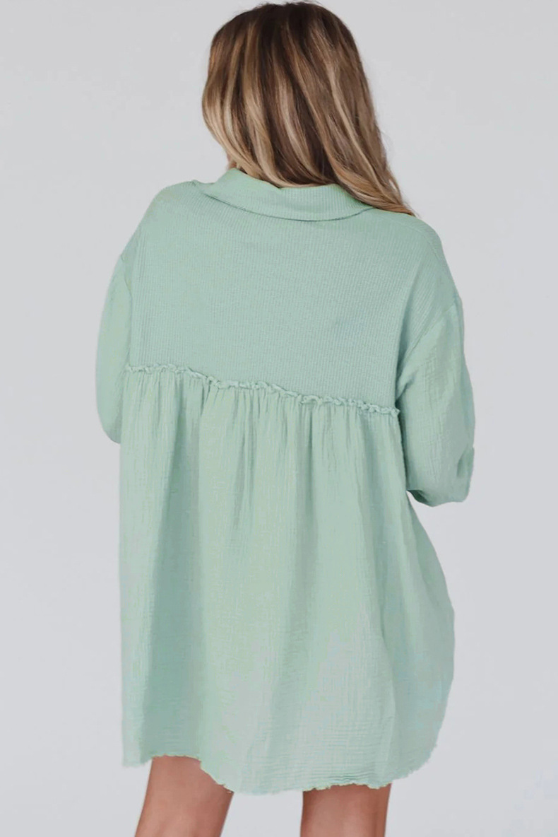 Early Autumn Thin Type Patchwork Pleated Long Sleeve Dress Women Casual High Waist Knee Length Short Dress Women