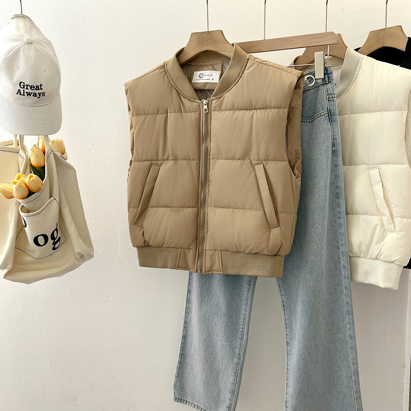 Cotton Vest Women's 2024 Autumn and Winter New Short Jacket Coat Fashionable Baseball Collar Solid Color All-match Slim Cotton Vest