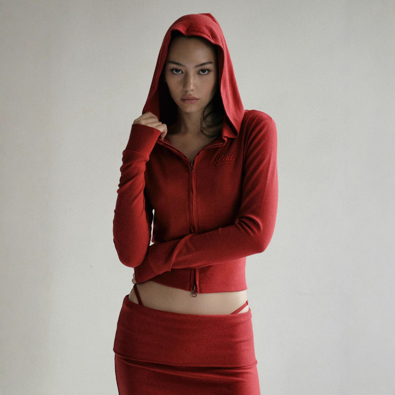 badblood Carmine Zipper Hoodie Women's European and American Women's New Arrival Navel Sexy Embroidered Short Sweater Trendy