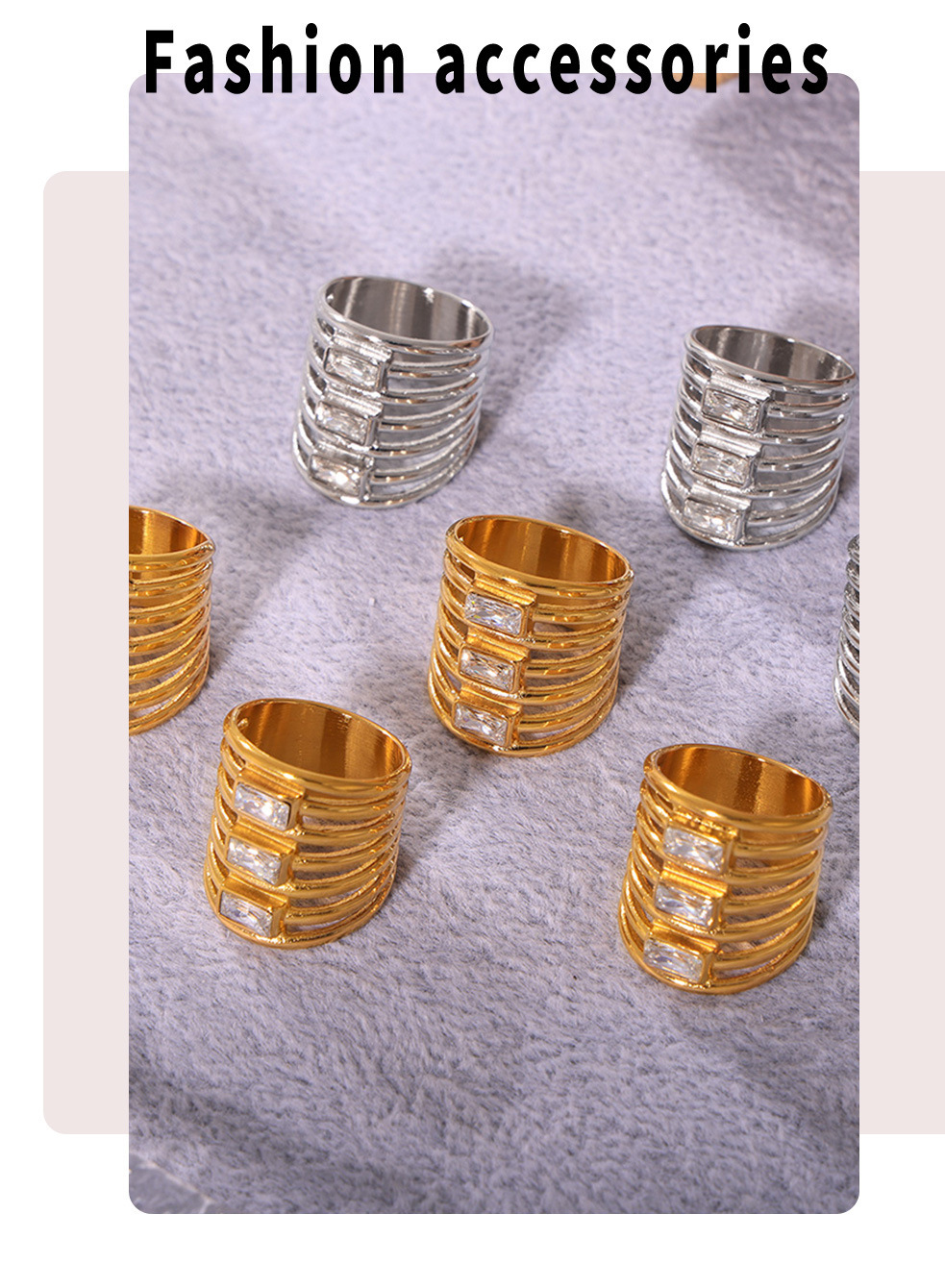 Square Sugar Multi Layer Square Zircon Exaggerated Ring Women's Fashion Hollow Out Versatile Stainless Steel Non Fading Finger Ring_voghion.com