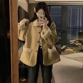 复古鹿皮绒羊羔毛加绒外套女冬季宽松加厚保暖皮毛一体机车棉服潮