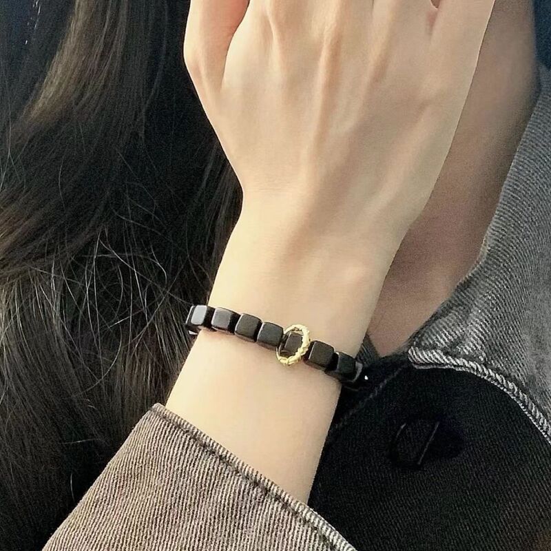 Cross-Border New Lava Cube Volcanic Stone Woven Bracelet Men's Matte Black Glass Bead Bracelet Bracelet