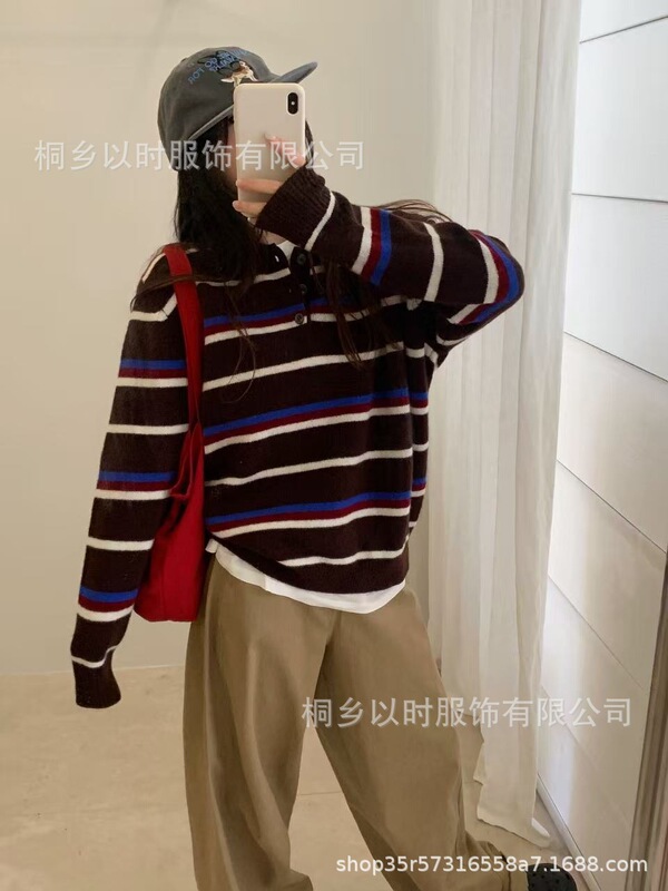 以时 25年秋冬新款羊毛针织毛衣女 Polo领条纹韩系简约羊毛衫女|undefined