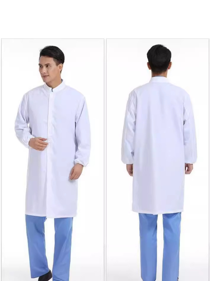 白いジッパーの上着の作業服の薄いマジックは立襟の白衣を貼って食品工場の工場の実験服を加工します。