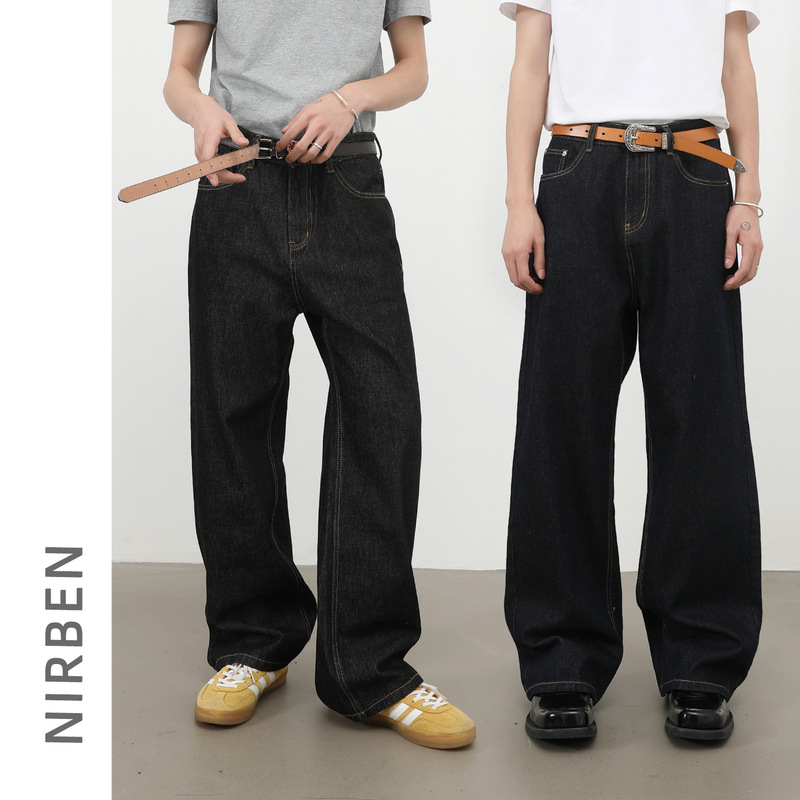Nirben Cowboy | Retro Black and Blue Denim Original Color Wide-Leg Jeans for Men American Versatile Straight-Leg Loose Trousers Nirben Cowboy | Retro Black and Blue Denim Original Color Wide-Leg Jeans for Men American Versatile Straight-Leg Loose Trousers