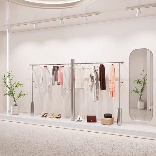 Floor-standing silver stainless steel display rack combination shelf for women's clothing store specialized hanger