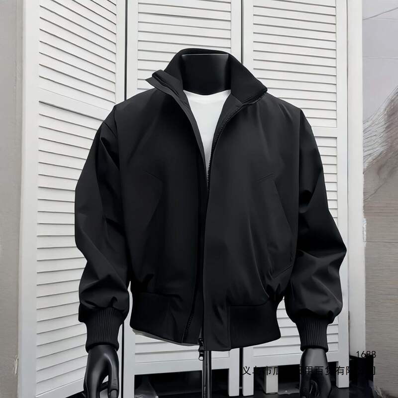 Cleanfit black short work jacket for men, American style windproof stand-up collar baseball bomber jacket Cleanfit black short work jacket for men, American style windproof stand-up collar baseball bomber jacket