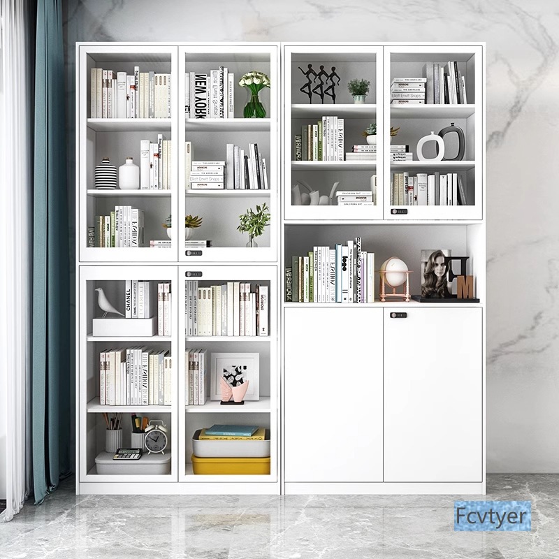 Steel Bookcase Living Room Storage Cabinet Dust-Proof Glass Door Display Cabinet Iron Combination Storage Cabinet Integrated Wall Bookcase