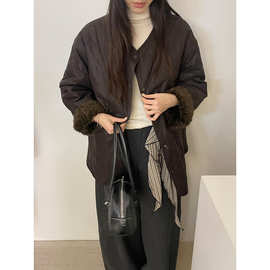 元派bluepops2025冬季新款夹棉毛毛皮衣外套圆领中长款棉服A5830