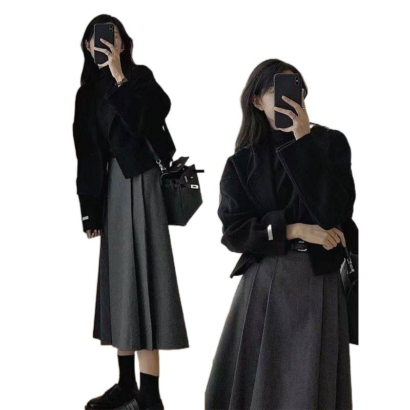 春秋女装奶系毛呢温柔高级秋冬外套2025高腰新款半身裙套装|undefined