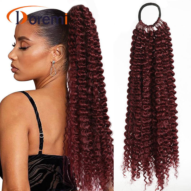Perruque africaine élastique queue de cheval en fibre synthétique pour femme, cheveux bouclés prolongés, queue de cheval enroulée 50cm110g_voghion.com